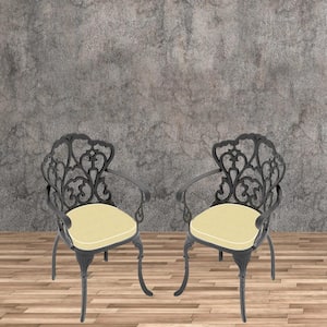 2-Piece Black Aluminum Outdoor Dining Chair, Patio Bistro Chairs with Random Color Cushion for Balcony Backyard Garden