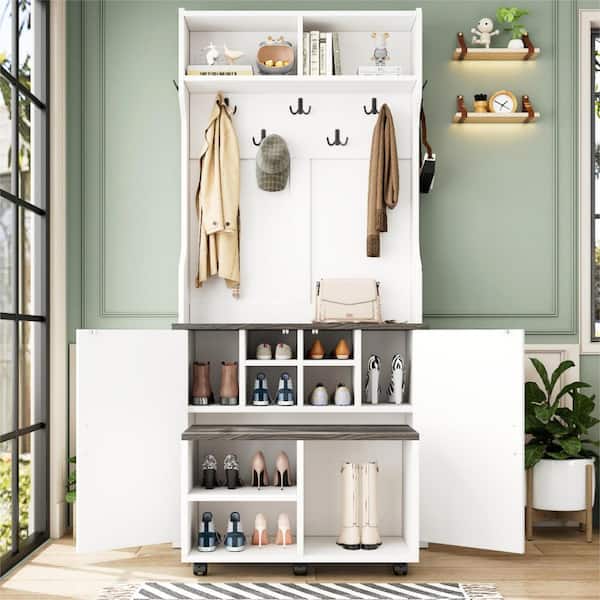 Harper & Bright Designs 4-in-1 Design White Hall Tree with 2-Open Shelves, 7-Hooks, Shoe Storage Cabinet, Movable Bench with 6-Brake Wheels