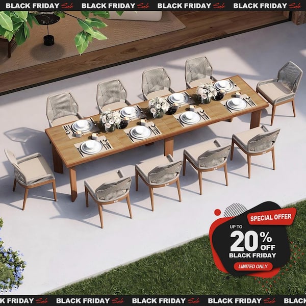 PURPLE LEAF 11-Piece Aluminum Outdoor Dining Set Teak Patio Furniture Set Wicker Table and Chairs with Cushions