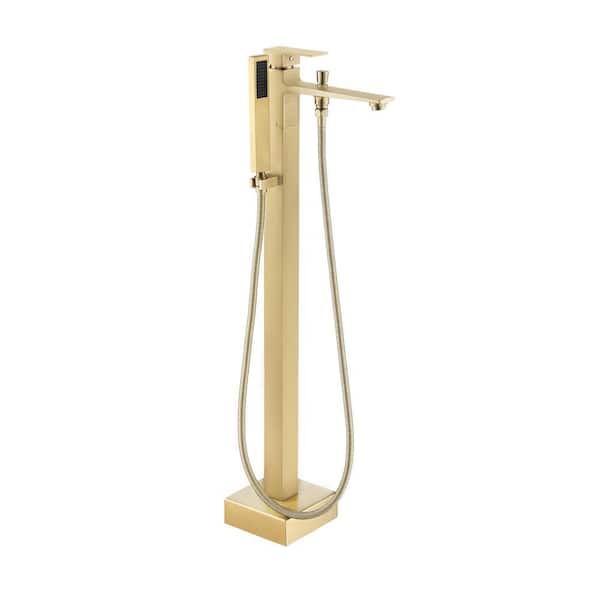 1-Handle Floor Mount Freestanding Tub Faucet with Handheld Shower in Brushed Gold