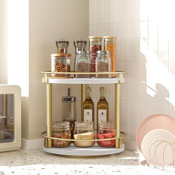 2 Tier Spice Rack Turntable Organizer for Kitchen Countertop and Cabinet, Compact and Versatile, White and Gold