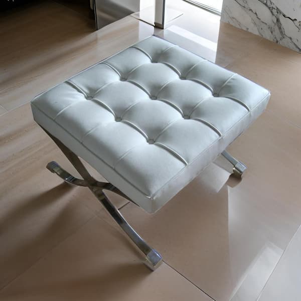 Benjara White and Chrome Faux Leather Rectangle Accent Ottoman Medium
