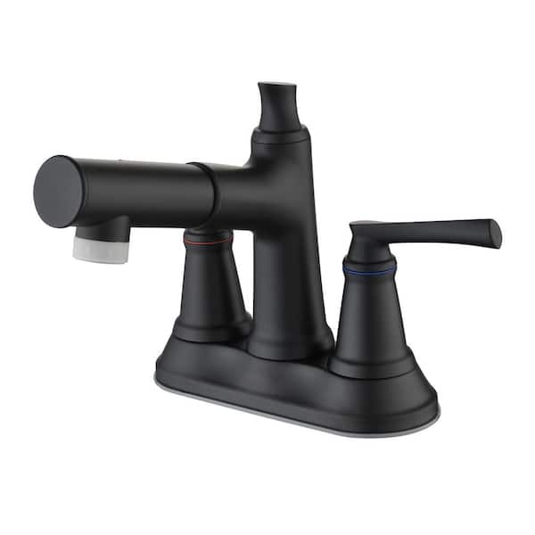 RAINLEX 4 in. Centerset Double Handle High-Arc Bathroom Faucet with Pull Out Sprayer, Supply Line Included in Matte Black