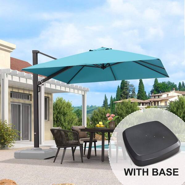 PURPLE LEAF 10 ft. Square Aluminum Large Outdoor Cantilever 360-Degree Rotation Patio Umbrella with Wheels Base, Turquoise Blue