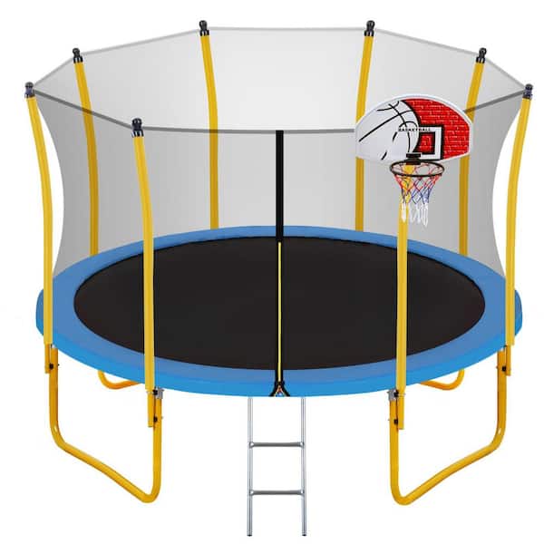 maocao hoom 12 ft. Yellow Backyard Trampoline with Safety Enclosure, Basketball Hoop and Ladder