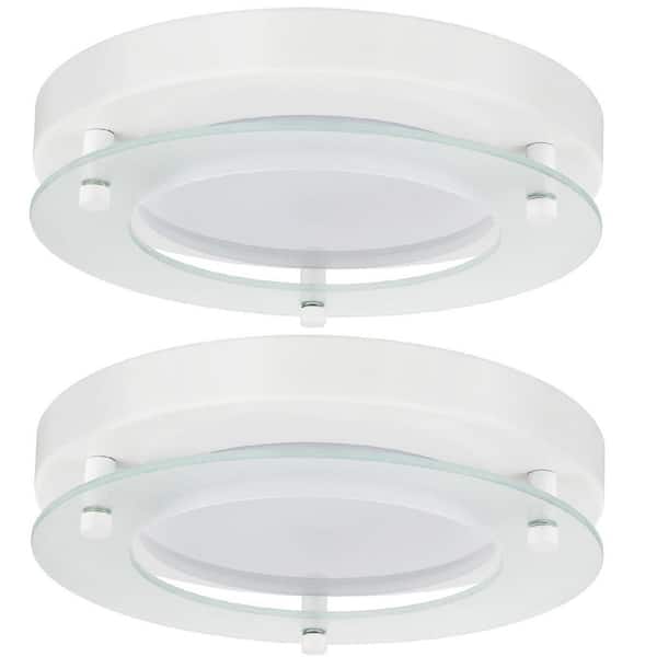 Sunlite 8 in. 1-Light White Decorative Band Integrated LED Flush Mount with Floating Glass, Warm White 3000K (2-Pack)
