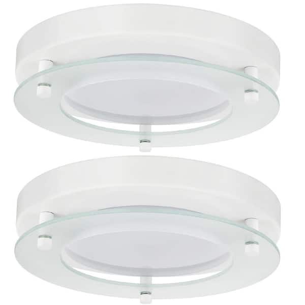 Sunlite 8 in. 1-Light White Decorative Band Integrated LED Flush Mount with Floating Glass, Warm White 3000K (2-Pack)