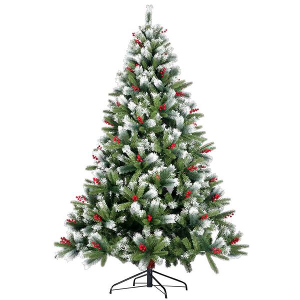 ANGELES HOME 7.5 ft. Unlit Artificial Christmas Tree Flocked Pine Needle Tree with Cones Red Berries