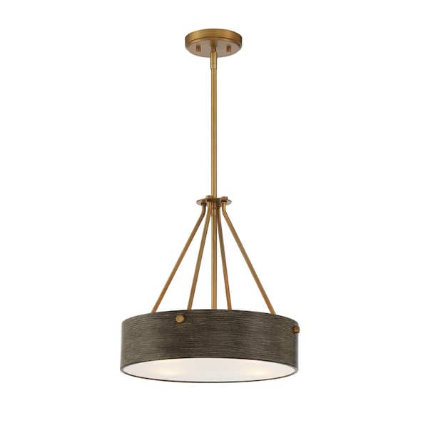 Erba 60-Watt 3-Light Old Satin Brass Modern Pendant Light with Grey Wood Shade and No Bulbs Included