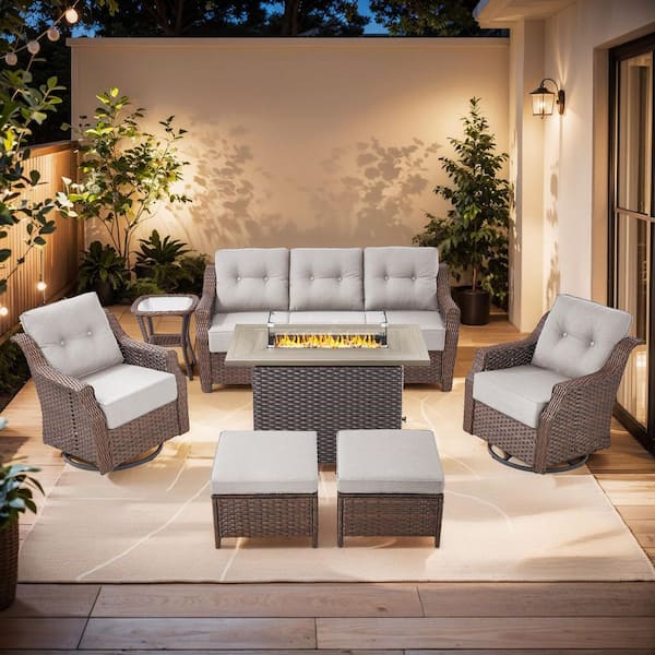 Modern Farmhouse 7-Piece Brown Wicker Fire Pit Conversation Set with 6 in. Beige Cushions and Patio Swivel Chairs