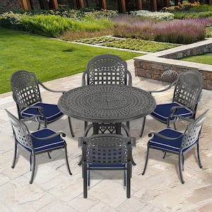 Isabella Black 7-Piece Cast Aluminum Outdoor Dining Set with 47.24 in. Round Table and Random Color Seat Cushions