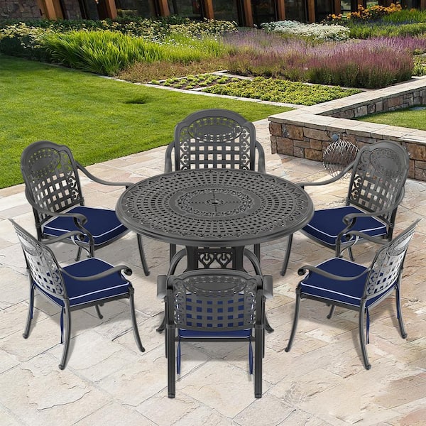 Willit Isabella Black 7-Piece Cast Aluminum Outdoor Dining Set with 47.24 in. Round Table and Random Color Seat Cushions