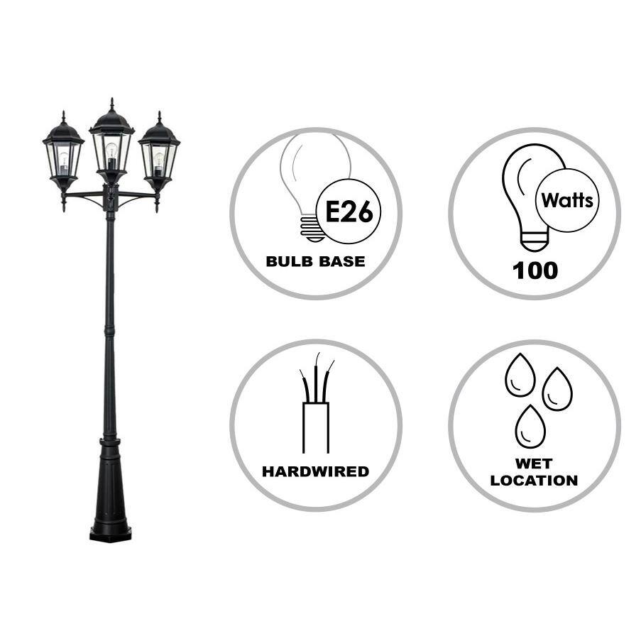Classical Black Cast Aluminum 98" Outdoor Lamp Post with Clear Glass