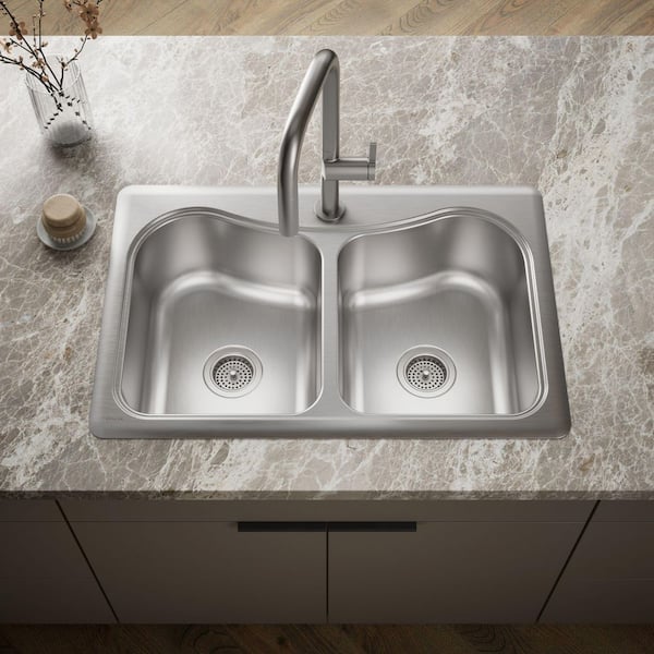 Staccato Drop-In Stainless Steel 33 in. 1-Hole Double Bowl Kitchen Sink with Hardwood Cutting Board