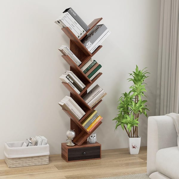 15 in. Wide Brown 10-Tier Wooden Tree Bookcase with Drawer Display Storage Organizer Rack