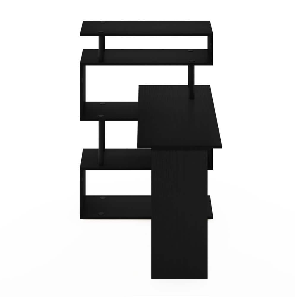 L-Shape Black Wood Corner Computer Desk with 5-Tier Shelves