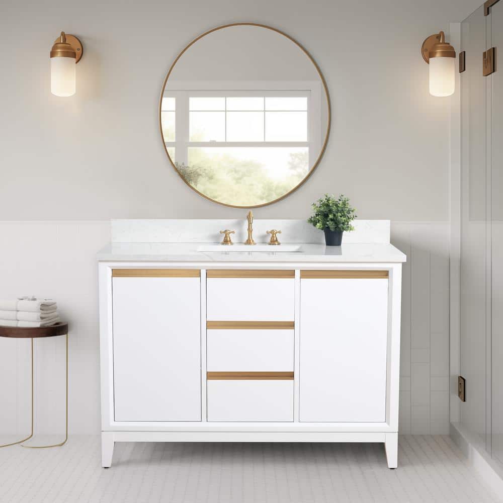 48" White MDF Freestanding Bathroom Vanity with Gold Accents