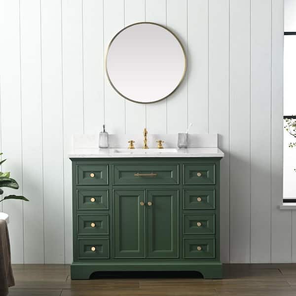 SUDIO Thompson 42 in. W x 22 in. D Bath Vanity in Evergreen with Engineered Stone Top in Carrara White with White Sink
