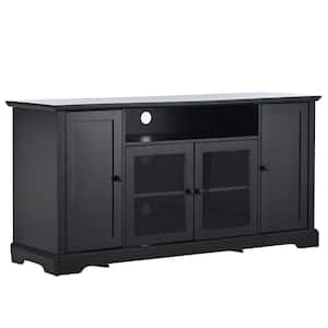 59.80 in. W Black TV Stand Fits TV up to 65 in. with 2-Tempered Glass Doors Adjustable Panels Open Style Cabinet