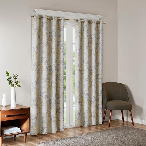 Sun Smart April Yellow Printed Botanical 50 in. W x 84 in. L Blackout Grommet Top Curtain