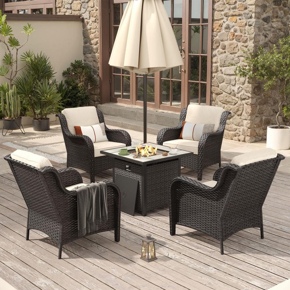 Erie Lake Brown 5-Piece Wicker Outdoor Patio Fire Pit Seating Sofa Set with Beige Cushions price history on PriceWatchPro