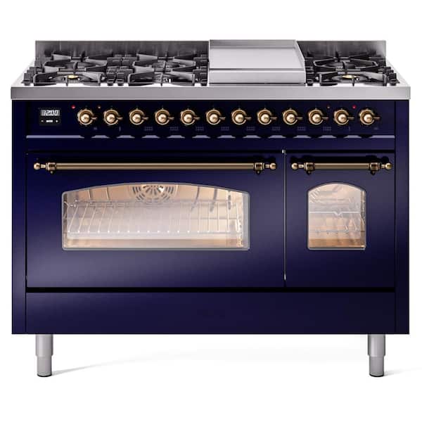 ILVE Nostalgie II 48 in. 8-Burner Plus Griddle Double Oven Natural Gas Dual Fuel Range in Midnight Blue with Bronze Trim