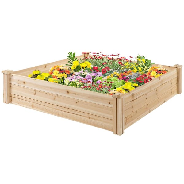 Jushua 47.25 in. x 47.25 in. x 11 in. Wood Raised Garden Bed Kit, Outdoor Wooden Planter Box with 9 Growing Grids, Natural