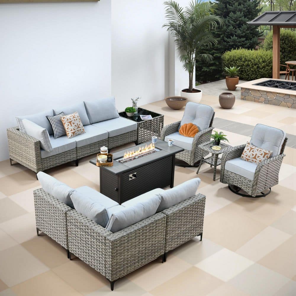 Stardust 11-Pieces Wicker Outdoor Patio Rectangular Fire Pit Set and Swivel Rocking Chairs with Gray Cushions price history on PriceWatchPro