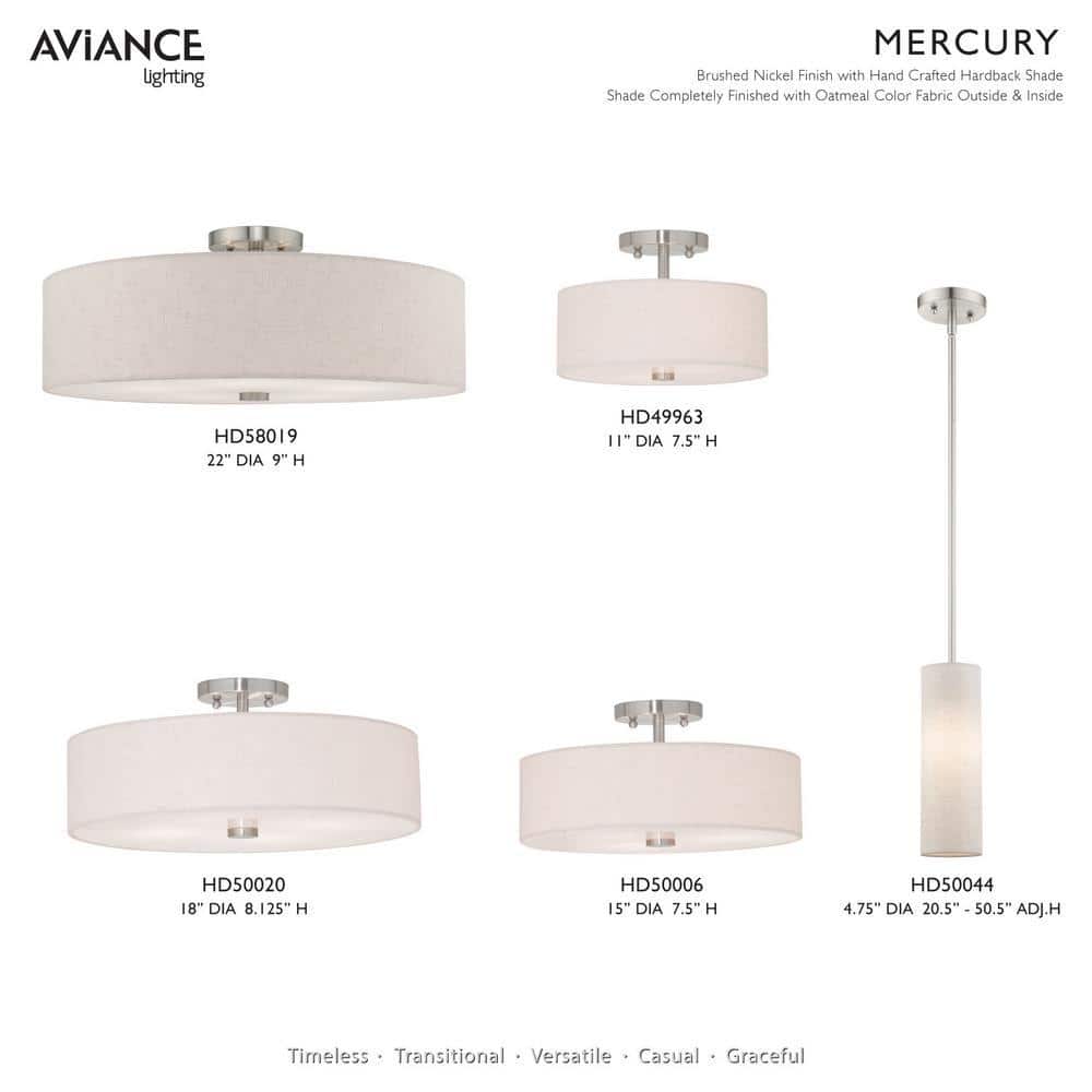 Meridian Brushed Nickel 3-Light Drum Ceiling Fixture with Oatmeal Shade