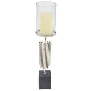 28 in. Silver Tubes Design Metal and Marble Candle Holder with Glass Hurricane