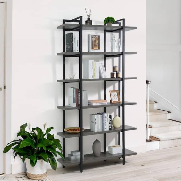 CAPHAUS 86 in. Tall Dark Grey Engineered Wood 6-Shelf Bookcase with Open Display Shelves