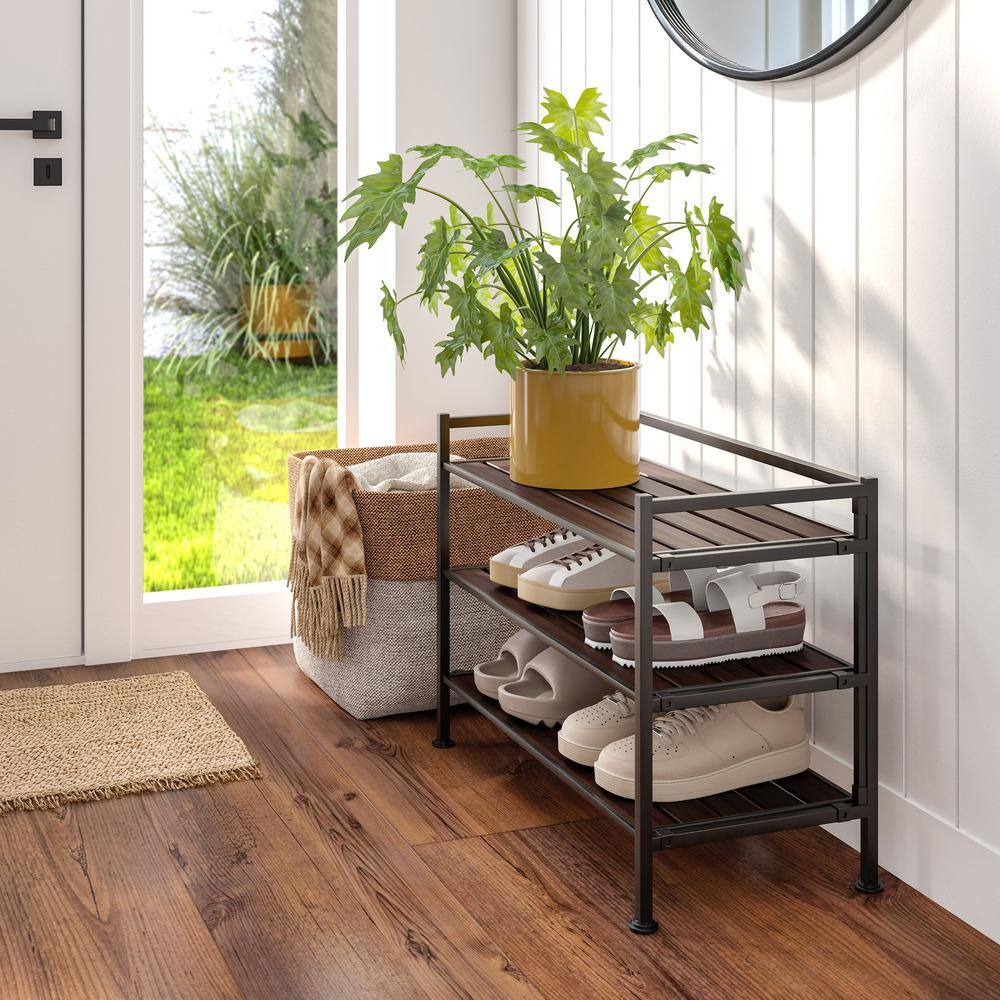 Espresso 3-Tier Stackable Metal and Wood Shoe Rack