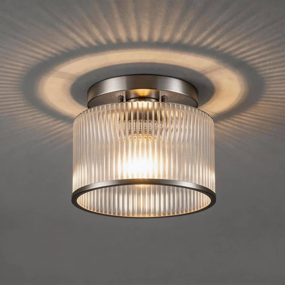 8.1 in. Modern 1-Light Drum Brushed Nickel Semi-Flush Mount Ceiling Light with Ribbed Glass Shade E26 for Bedroom price history on PriceWatchPro