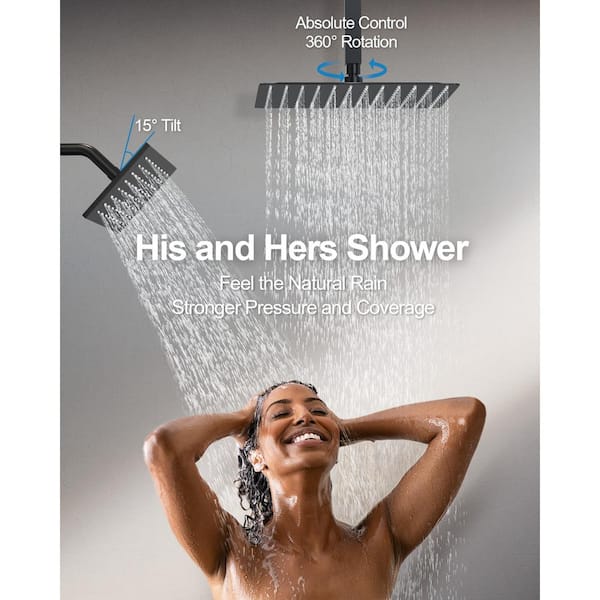 GRANDJOY His and Hers Showers 15-Spray Square High Pressure Multifunction Wall Bar Shower Kit in Matte Black Valve Included