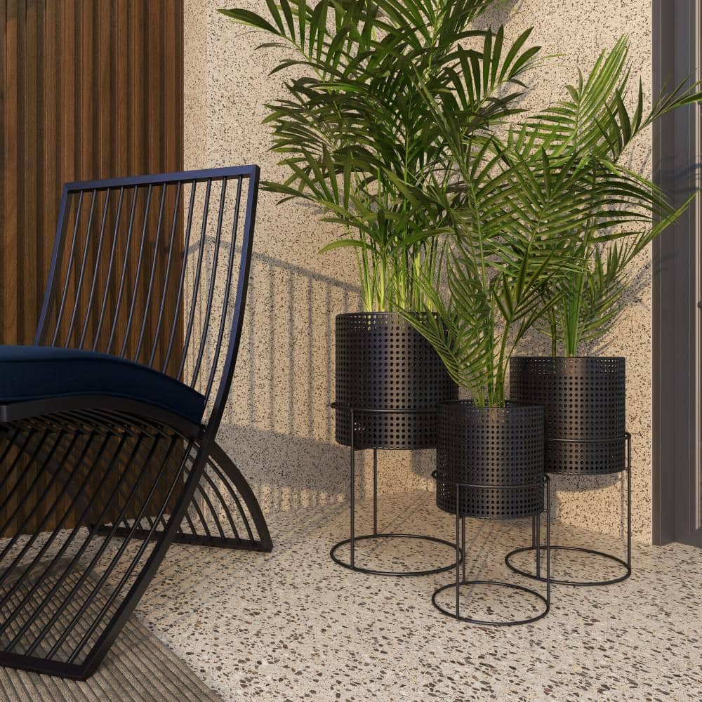 Set of 3 Black Metal Perforated Cylinder Floor Planters