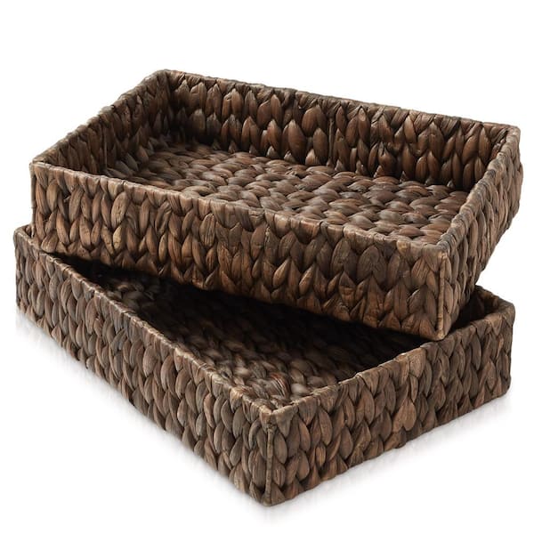 Casafield Brown Espresso 15.75 in. x 3.25 in. Wicker Woven Water Hyacinth Decorative Baskets Bathroom Storage Bins Set of 2