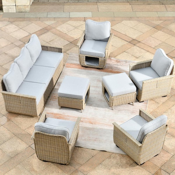 HOOOWOOO Echo Beige 7-Piece Wicker Multi-functional Pet Friendly Outdoor Patio Conversation Sofa Set with Light Green Cushions