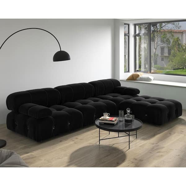 J&E Home 103.9 in. W Square Arm 3-Piece L Shaped Velvet Free Combination Modular Sectional Sofa with Ottoman in Black