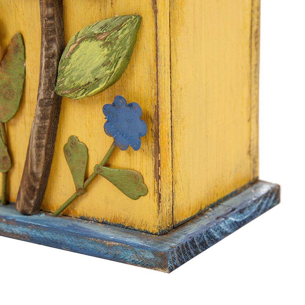 Yellow Distressed Solid Wood Birdhouse with 3D Flowers