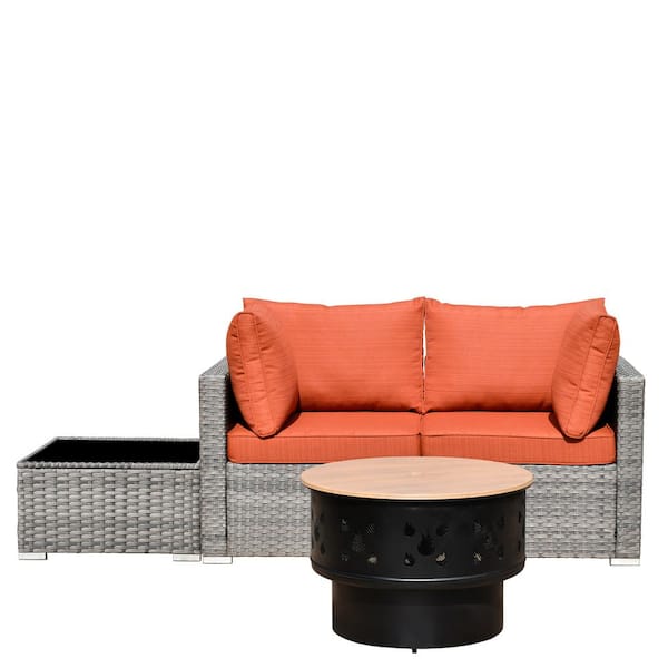 Sanibel Gray 4-Piece Wicker Outdoor Patio Conversation Sofa Set with a Wood-Burning Fire Pit and Orange Red Cushions