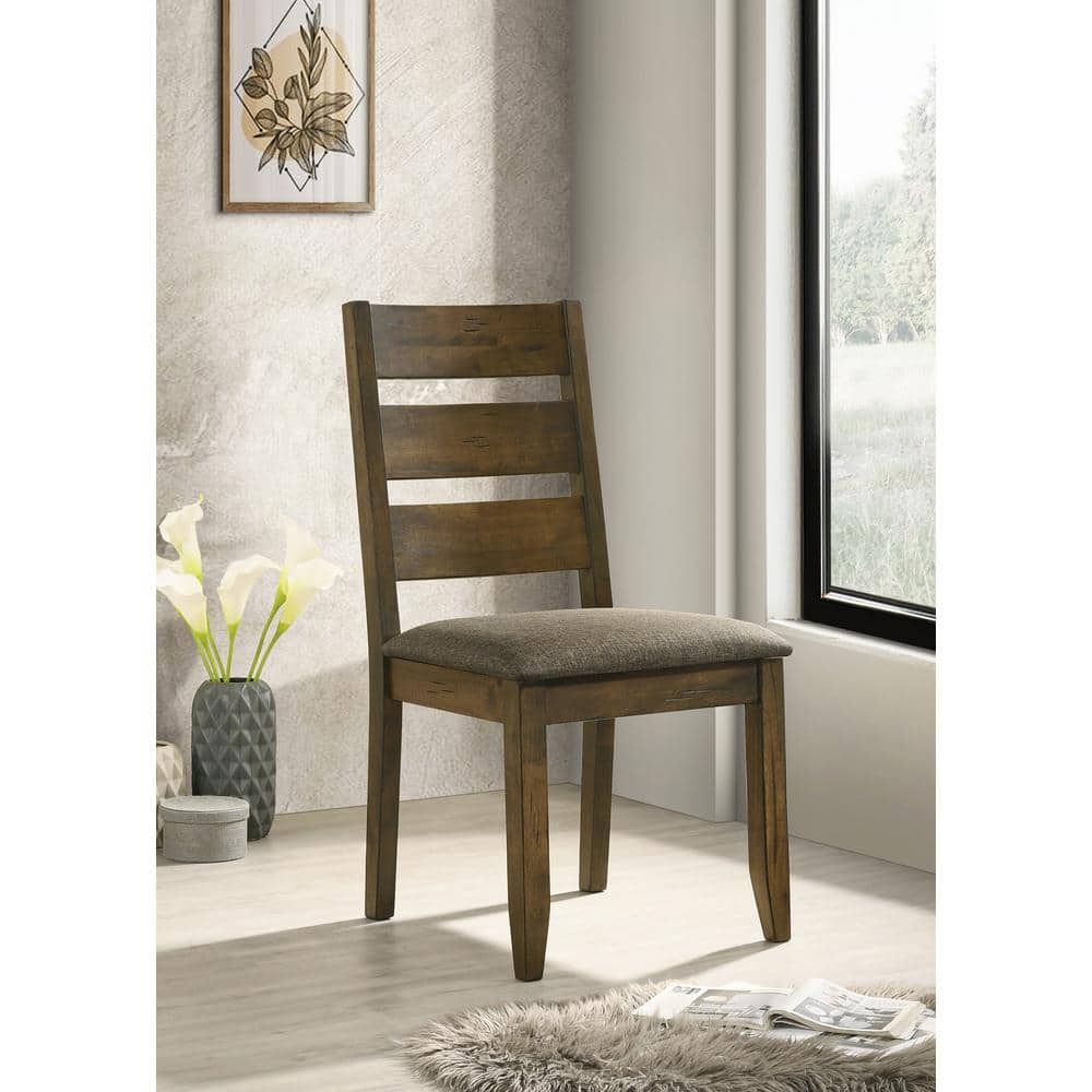 Knotty Nutmeg Wooden Ladderback Side Chair with Grey Upholstery