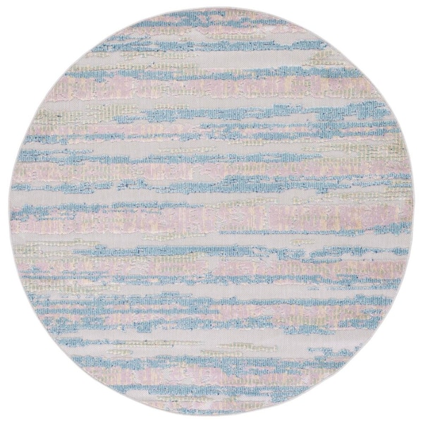 Cabana Aqua/Pink 7 ft. x 7 ft. Abstract Striped Indoor/Outdoor Round Area Rug
