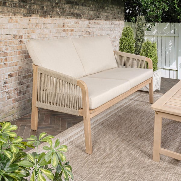 Arwen Modern Bohemian Roped Acacia Wood Outdoor Loveseat Beige/Light Teak with Cushions
