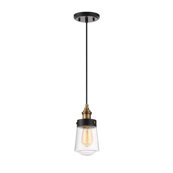 Macauley 4.75 in. W x 39.75 in. H 1-Light Vintage Black with Warm Brass Mini-Pendant with Clear Glass Shade