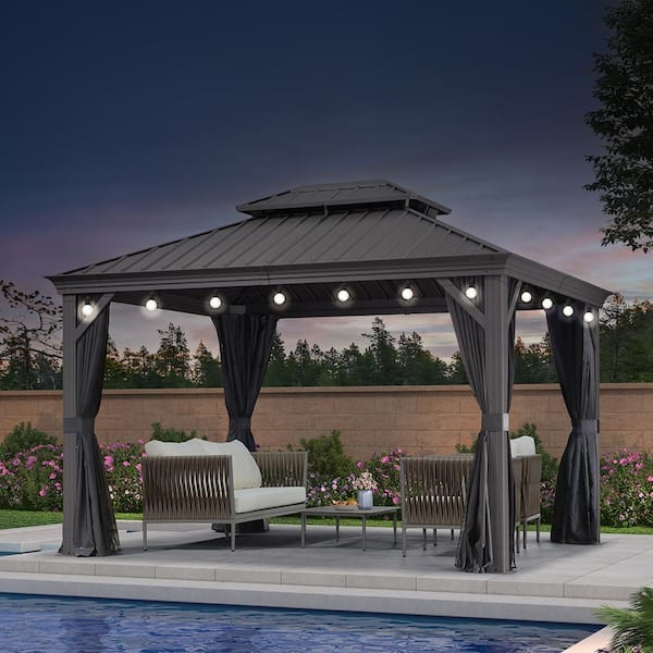 PURPLE LEAF 12 ft. x 12 ft. Gray Patio Outdoor Gazebo for Backyard Hardtop Aluminum Frame with Hooks, Netting, Curtain 24-Lights