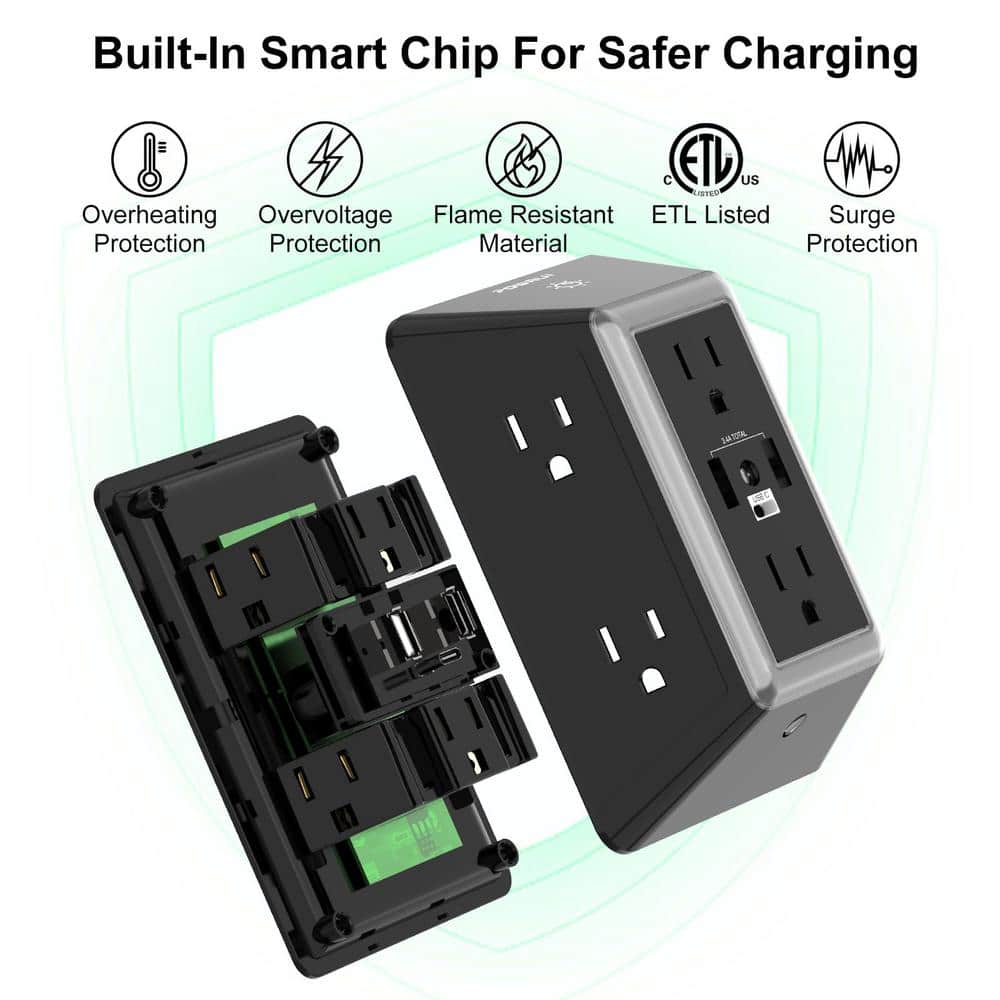 Black 6-Outlet Surge Protector with USB Ports and Night Light