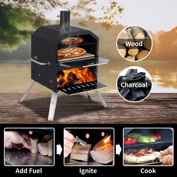 Pizzello Outdoor Pizza Oven Wood Burning for Cooking 2 Pizzas Outside Pizza Maker with Pizza Stone, Pizza Peel, Cover - Black + Silver