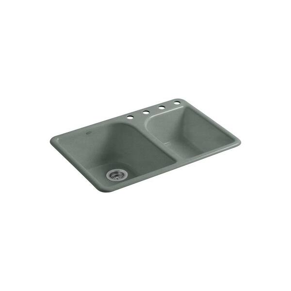 KOHLER Executive Chef Self-Rimming Drop-in Cast Iron 22 in. 4-Hole Double Kitchen Sink in Basalt-DISCONTINUED