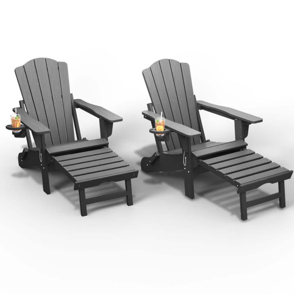 Gray HDPE Outdoor Folding Adirondack Chairs with Retractable Ottoman and Cup Holder (Set of 2) price history on PriceWatchPro