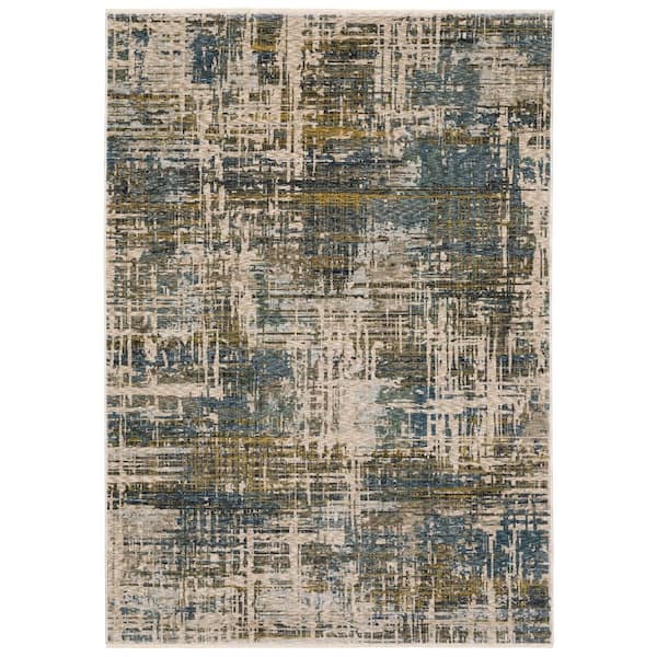 5 ft. x 8 ft. Blue And Gold Abstract Distressed with Fringe Area Rug